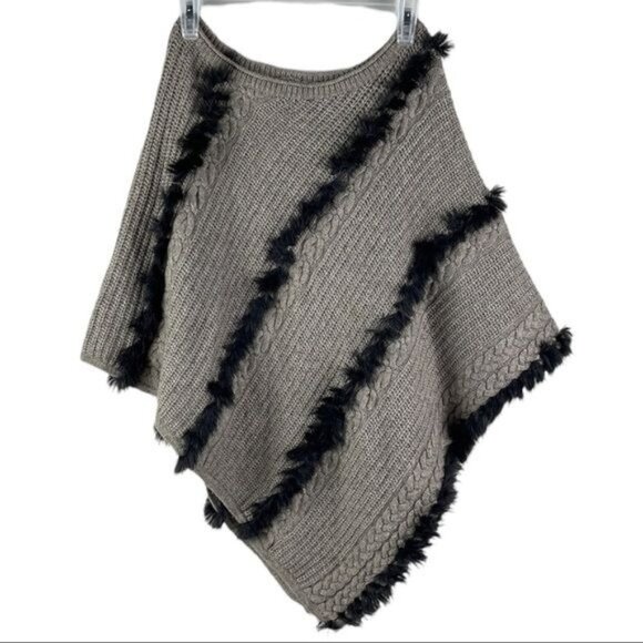 Vtg Cache Shawl Cable Knit Faux Fur Taupe Wool Angora Size XS/S poncho - Picture 1 of 12